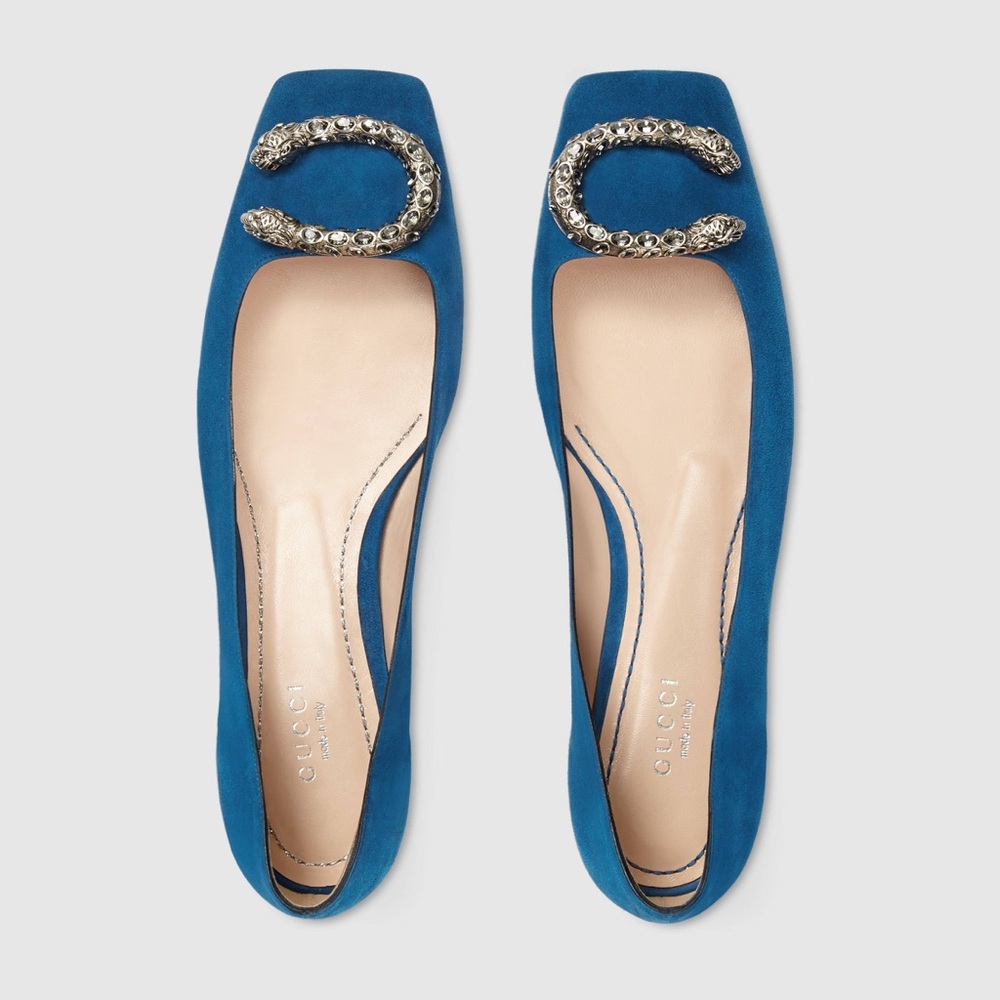 🔹 Authentic Gucci Dionysus Blue Suede Embellished Square Toe Ballet Flat Shoes